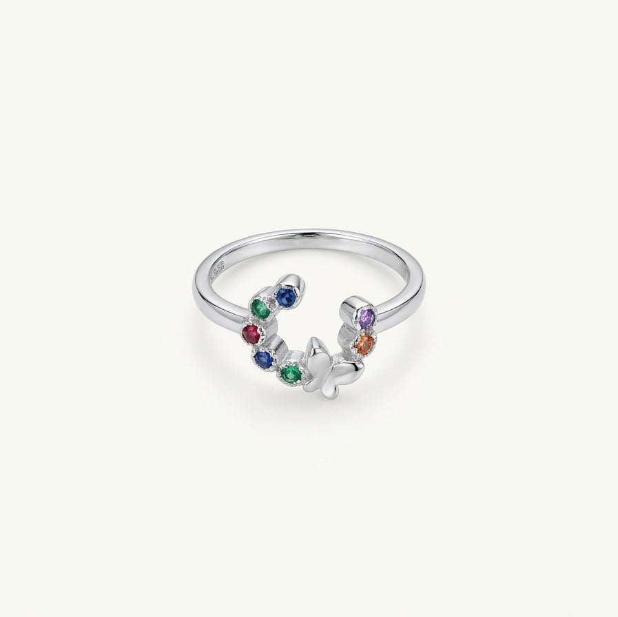 Silver Open Heart Ring with Multicolour Gemstone Accents
