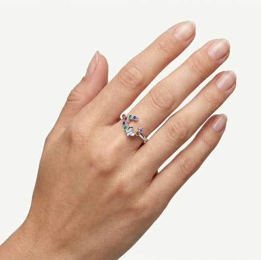 Silver Open Heart Ring with Multicolour Gemstone Accents