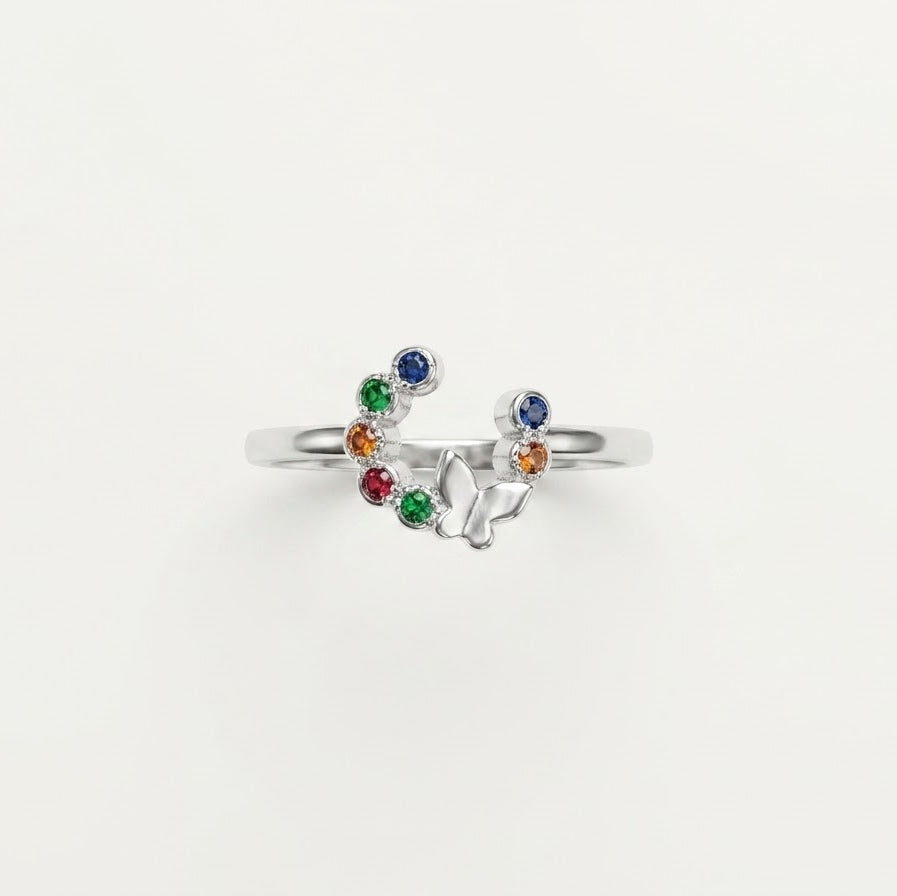 Silver Open Heart Ring with Multicolour Gemstone Accents