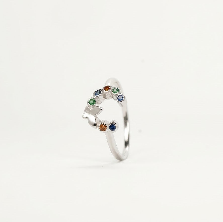Silver Open Heart Ring with Multicolour Gemstone Accents