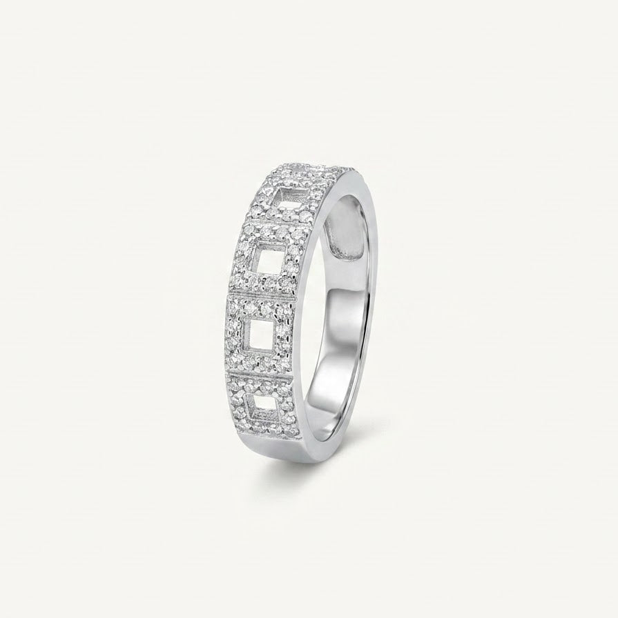 Silver Square Cutout Ring with Sparkling Stone Accents