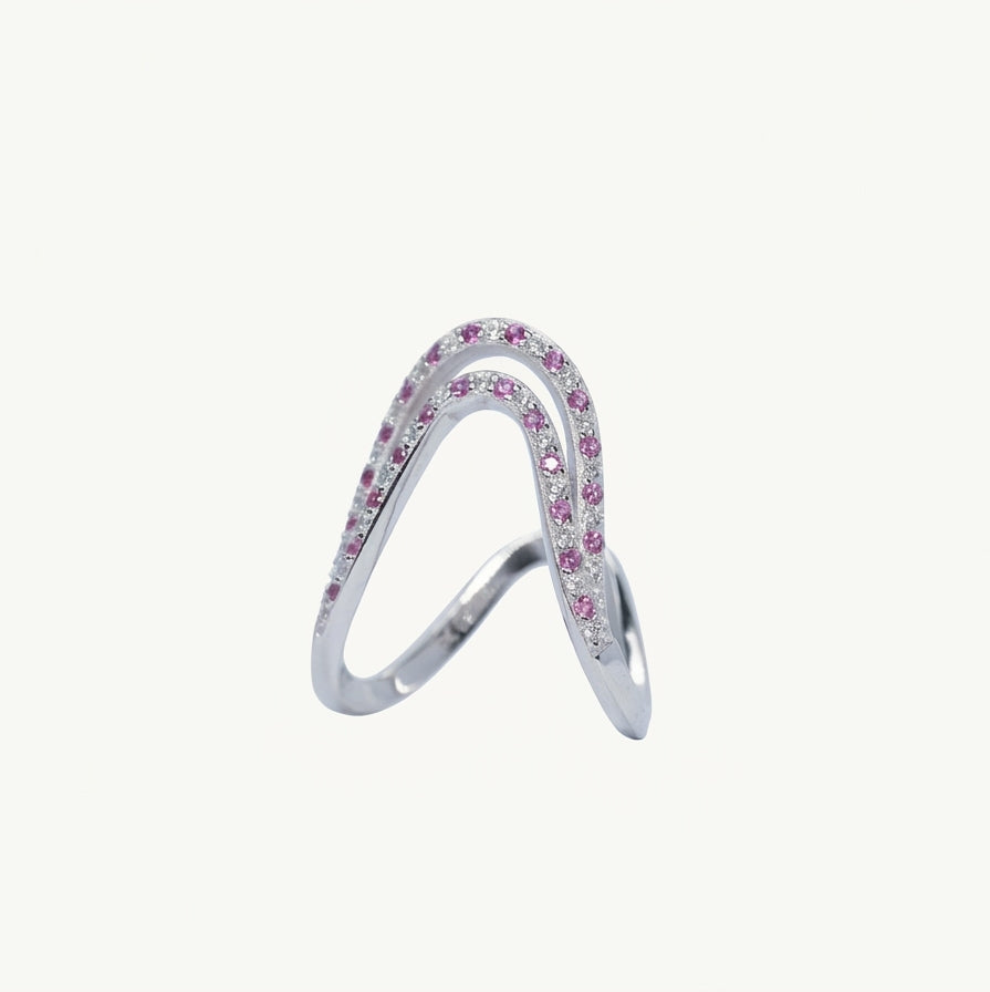 Elegant Pink Stone Pavé Wave Ring for Women