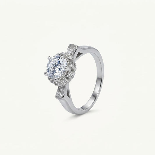 Elegant Round Solitaire Halo Ring with Sparkling Stone Accents for Women