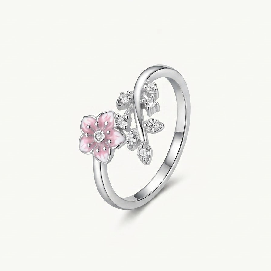 Elegant Silver Floral Ring with Pink Enamel Flower & Crystal Accents for Women