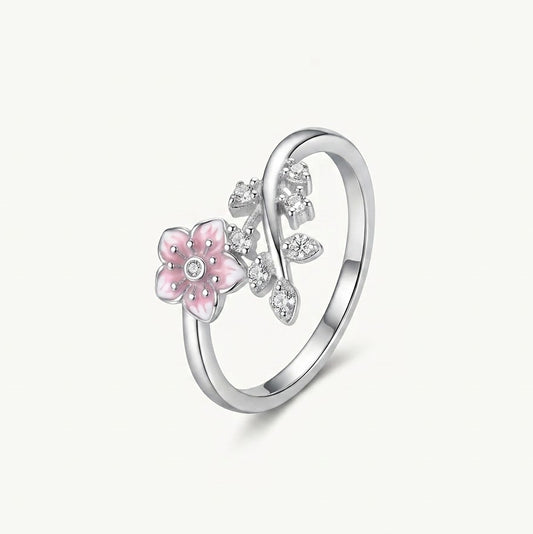 Elegant Silver Floral Ring with Pink Enamel Flower & Crystal Accents for Women