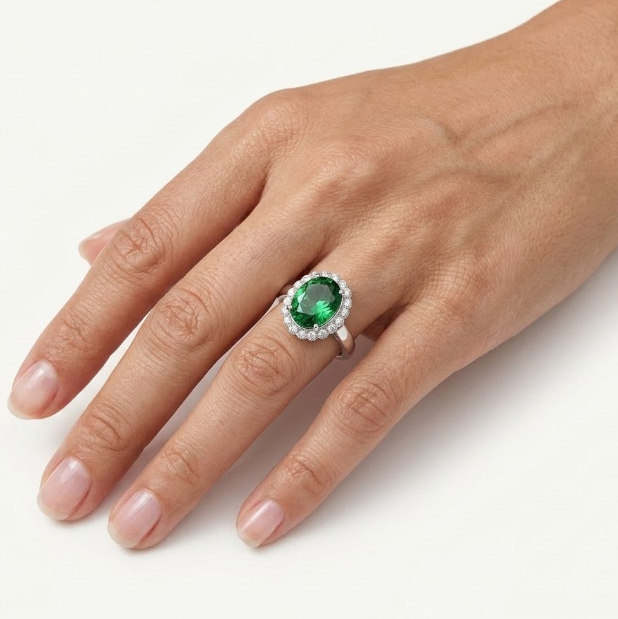 Emerald Green Halo Ring with Sparkling Clear Stones