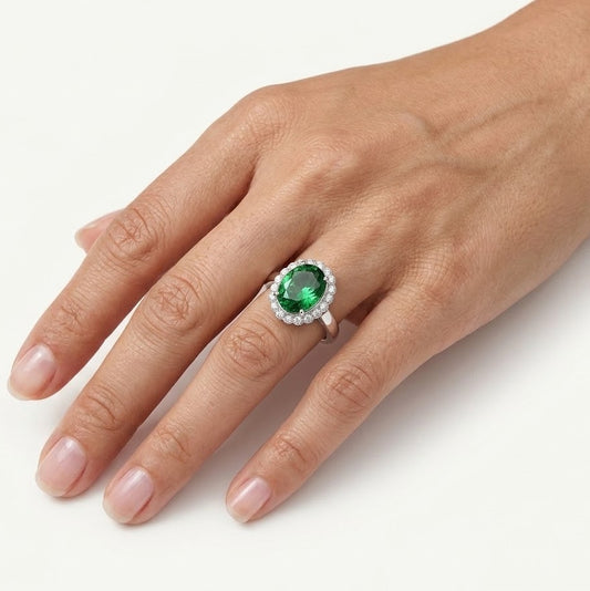 Emerald Green Halo Ring with Sparkling Clear Stones