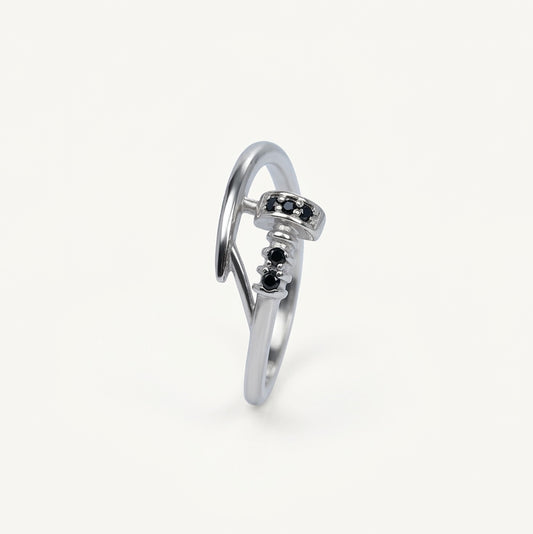 Elegant Silver Hook-Inspired Ring with Black Stone Accents