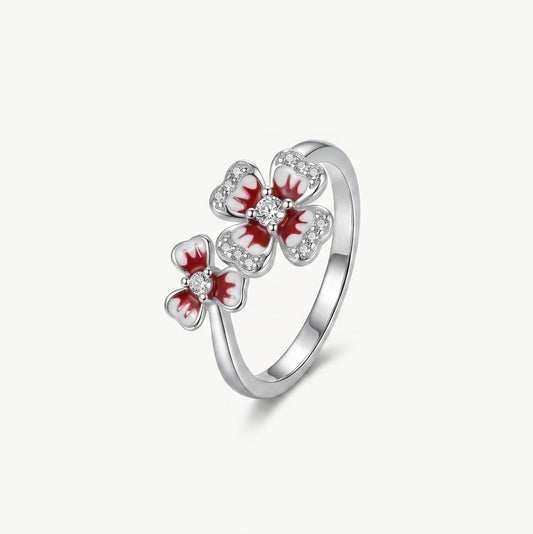 Elegant Silver Floral Enamel Ring with Crystal Accents for Women