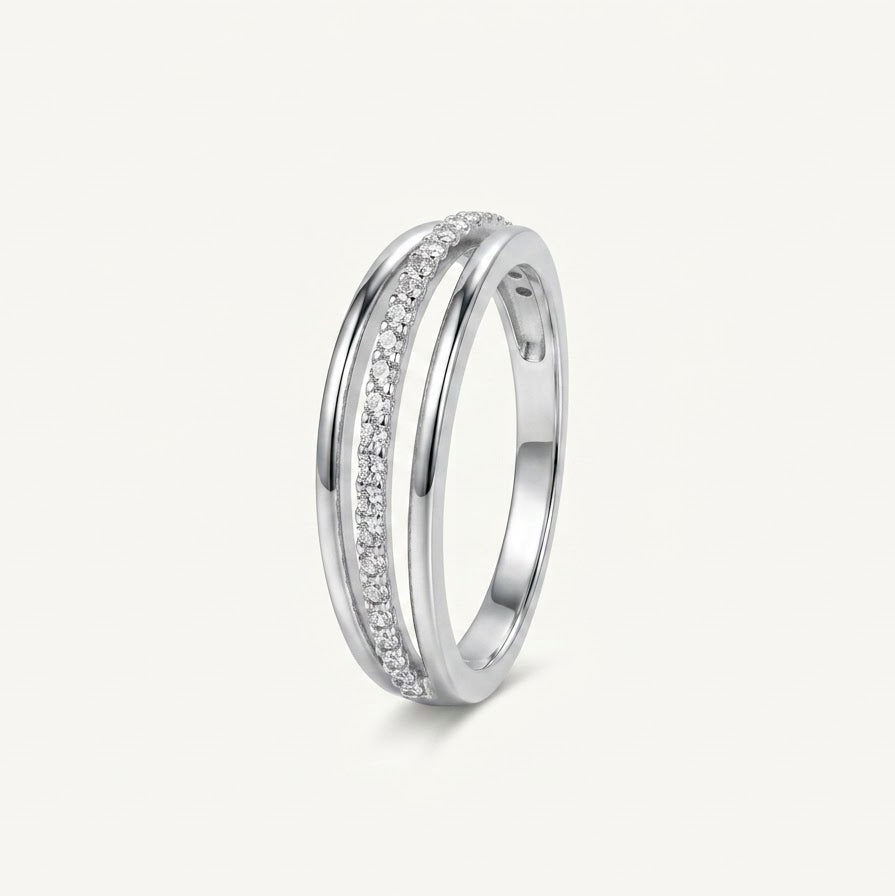 Elegant Silver Double Band Pavé Ring with Sparkling Clear Stones
