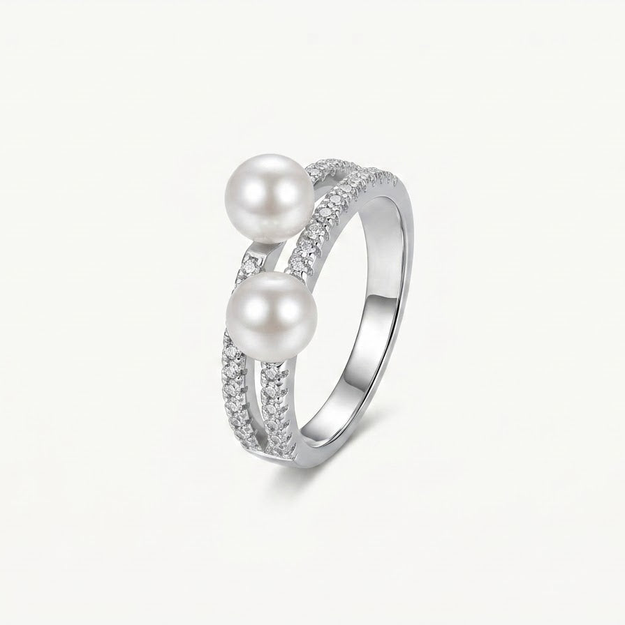 Elegant Double Pearl Crystal Ring for Women – Silver Tone