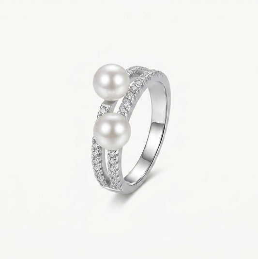 Elegant Double Pearl Crystal Ring for Women – Silver Tone