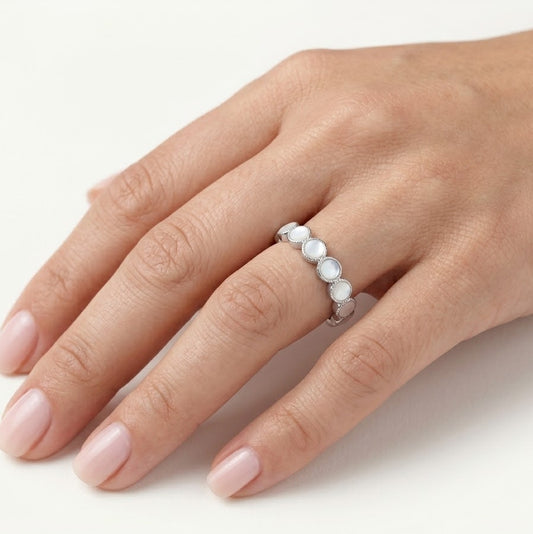 Elegant White Mother of Pearl Style Round Stone Eternity Band Ring for Women