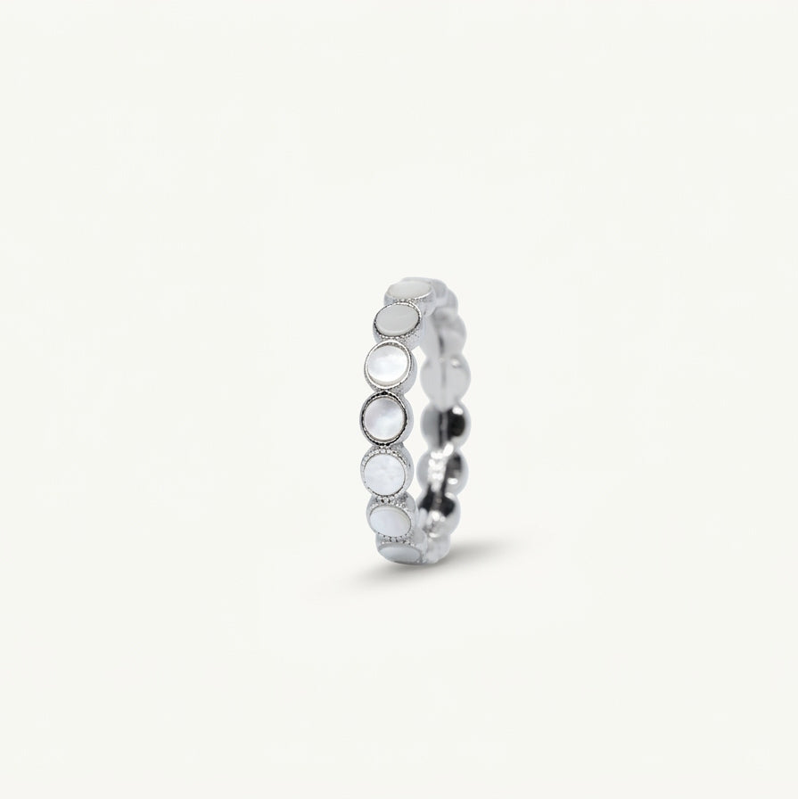 Elegant White Mother of Pearl Style Round Stone Eternity Band Ring for Women