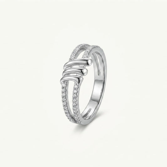 Elegant Silver Double Band Ring with Sparkling Stone Detailing