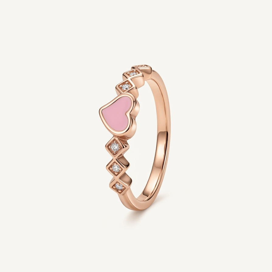 Elegant Rose Gold Heart Ring with Pink Enamel Detail