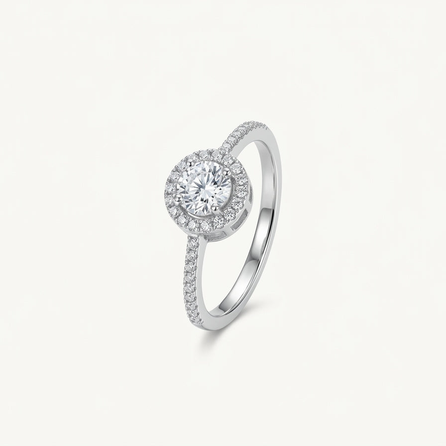 Elegant Round Halo Pavé Ring with Brilliant Clear Centre Stone