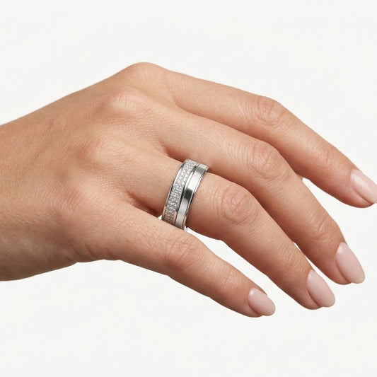 Elegant Silver Pavé Textured Band Ring