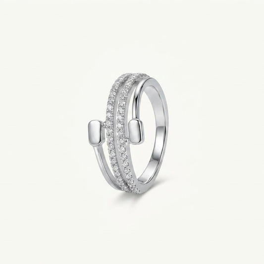 Elegant Silver Double Row Sparkling Open Ring