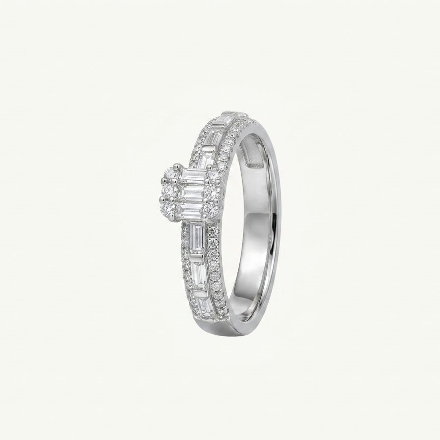 Elegant Baguette & Round Stone Halo Statement Ring for Women