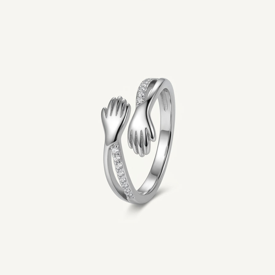 Elegant Silver Helping Hands Open Ring with Sparkling Stones