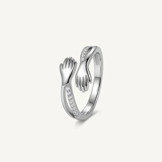 Elegant Silver Helping Hands Open Ring with Sparkling Stones