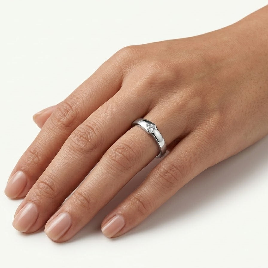 Elegant Heart Accent Ring with Polished Silver-Tone Band
