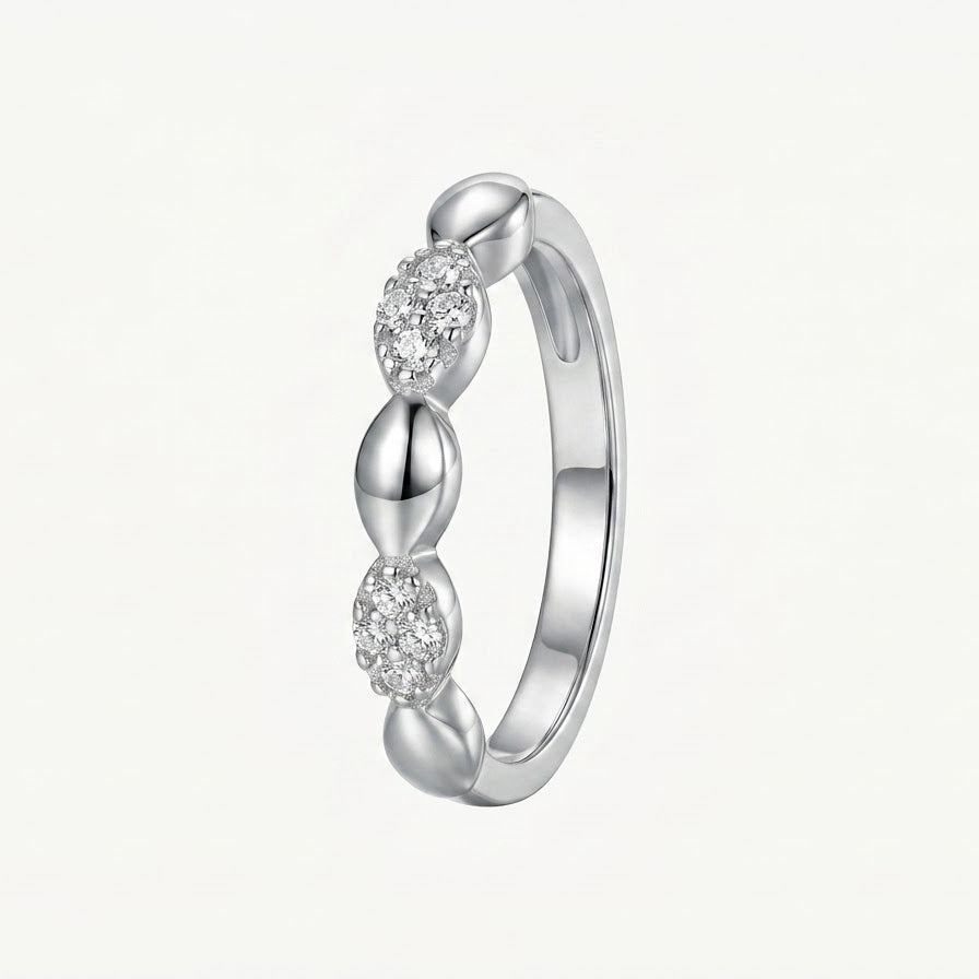 Elegant Silver Beaded Ring with Sparkling Pavé Stone Clusters