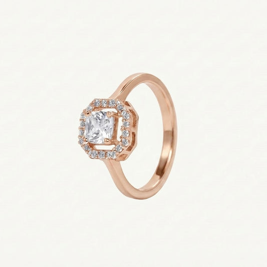 Rose Gold Cushion Halo Ring with Sparkling Stone Border