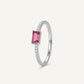 Elegant Pink Emerald-Cut Gemstone Silver Ring with Crystal Accent
