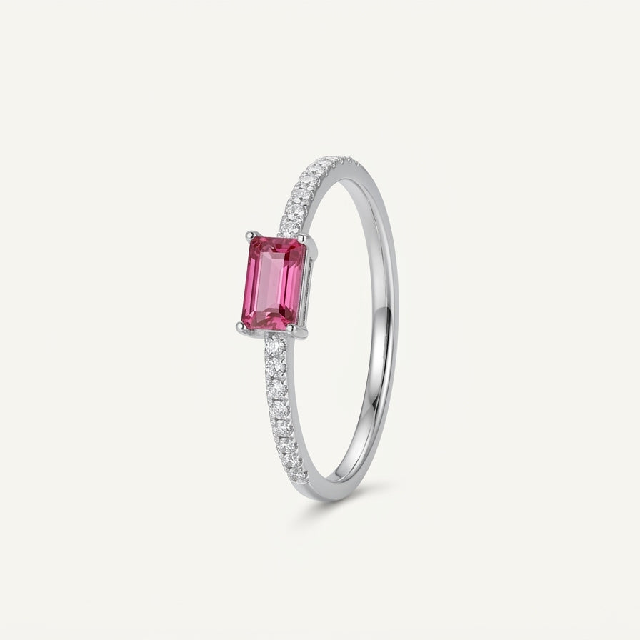 Elegant Pink Emerald-Cut Gemstone Silver Ring with Crystal Accent