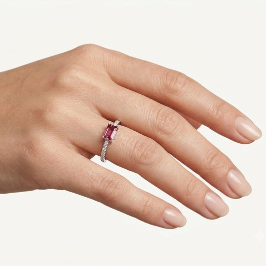 Elegant Pink Emerald-Cut Gemstone Silver Ring with Crystal Accent