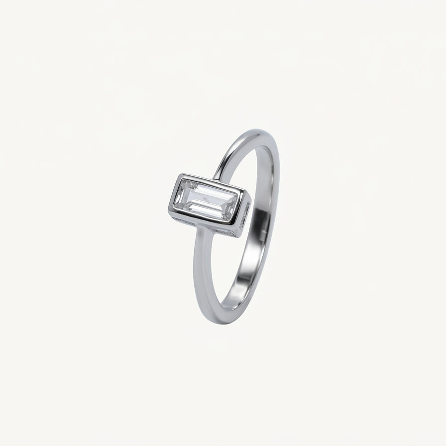 Elegant Rectangular Solitaire Ring with Clear Baguette-Cut Stone