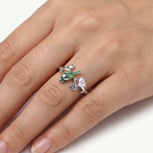 Elegant Silver Lizard & Crystal Ring with Green Enamel Detailing
