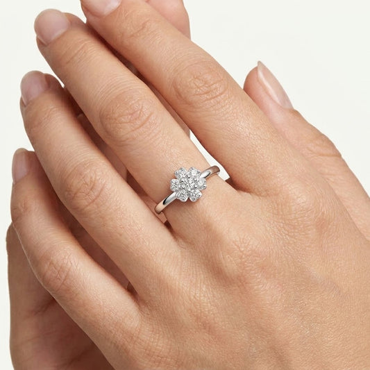 Elegant Flower Crystal Silver Ring with Sparkling Petal Design