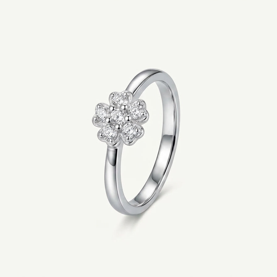Elegant Flower Crystal Silver Ring with Sparkling Petal Design
