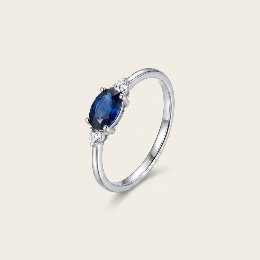 Silver Blue Sapphire-Style Oval Ring with Crystal Accents