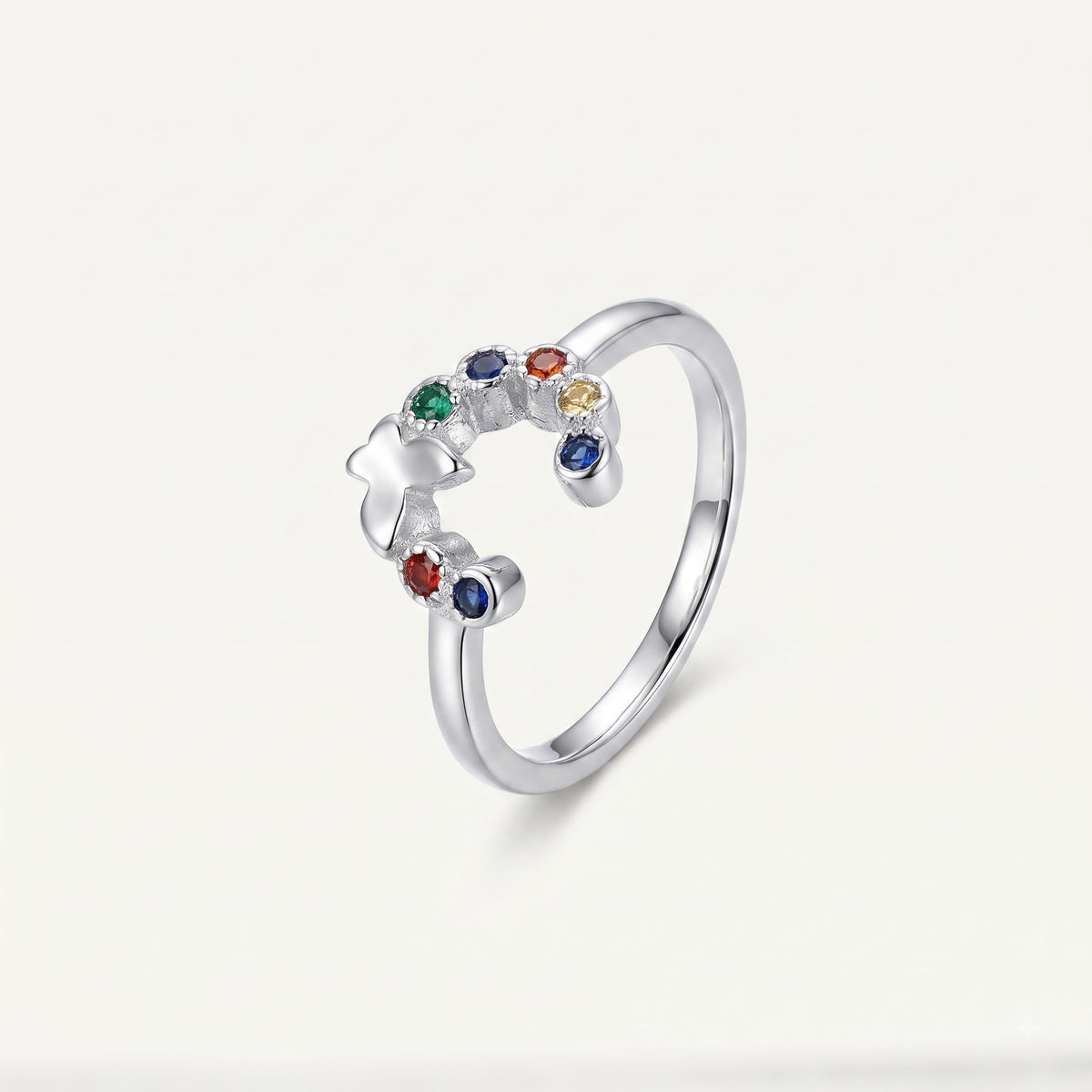 Silver Open Heart Ring with Multicolour Gemstone Accents