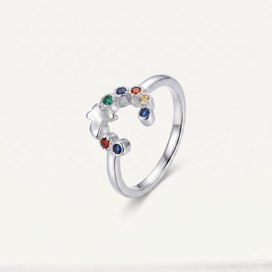Silver Open Heart Ring with Multicolour Gemstone Accents