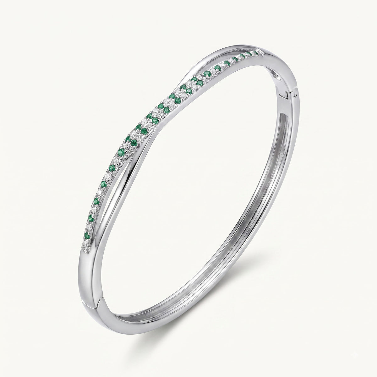 Green Emerald-Style Crystal Bangle Bracelet for Women – Elegant Silver Tone Design