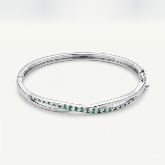Green Emerald-Style Crystal Bangle Bracelet for Women – Elegant Silver Tone Design