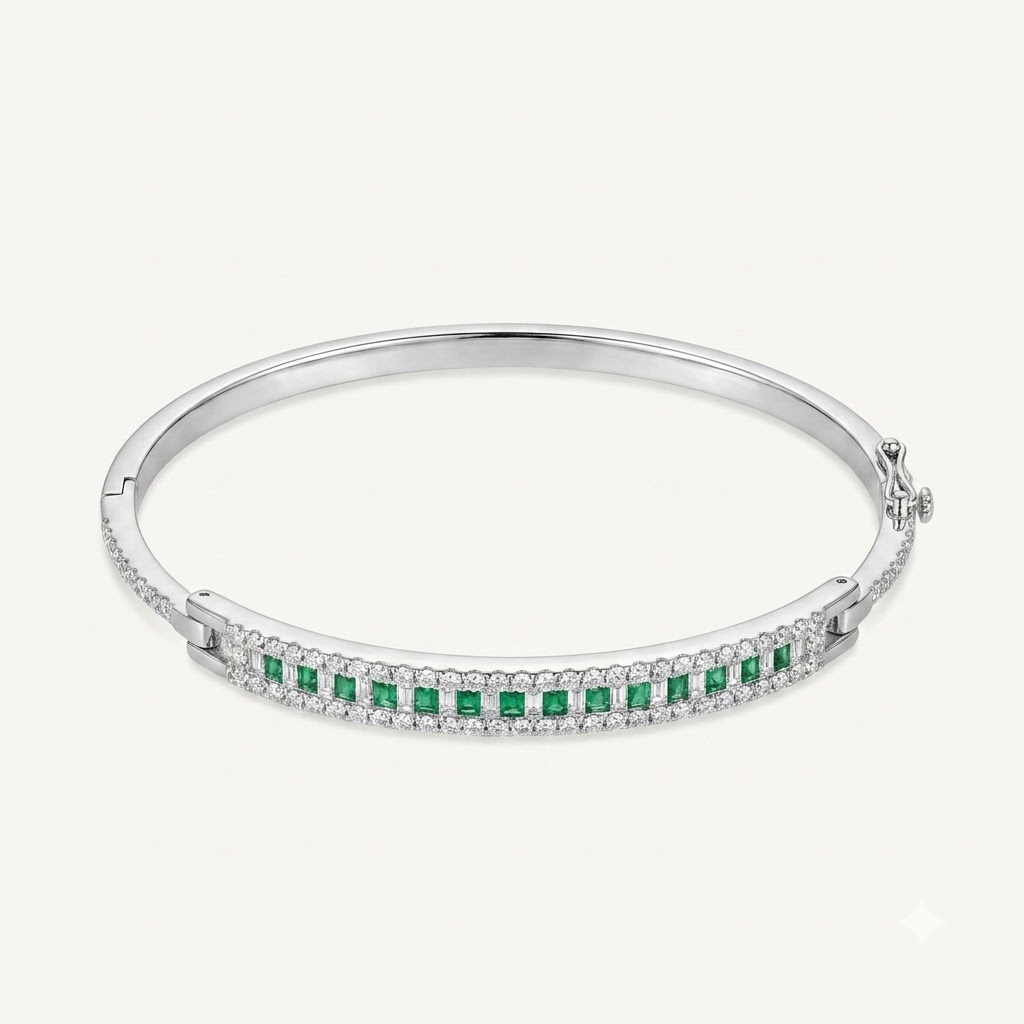 Elegant Green Emerald Tennis Bracelet with Crystal Accents – Silver Tone