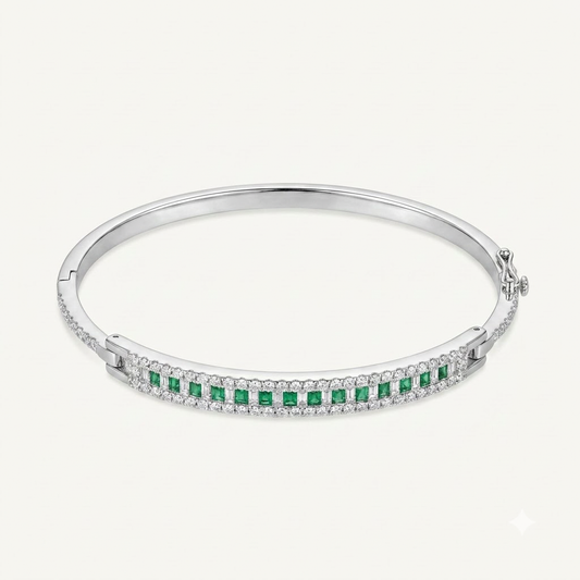 Elegant Green Emerald Tennis Bracelet with Crystal Accents – Silver Tone