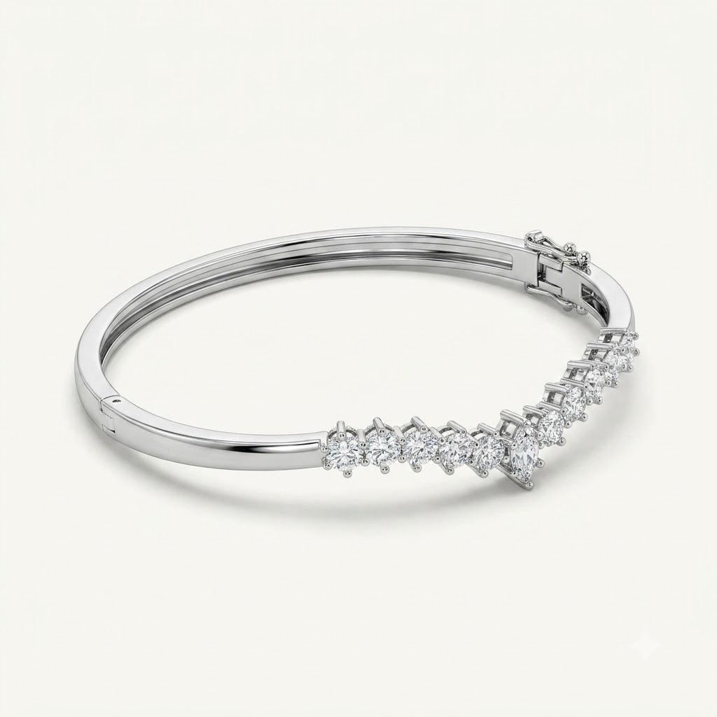 Emerald Green & Clear Stone V-Shaped Statement Bracelet – Silver Finish