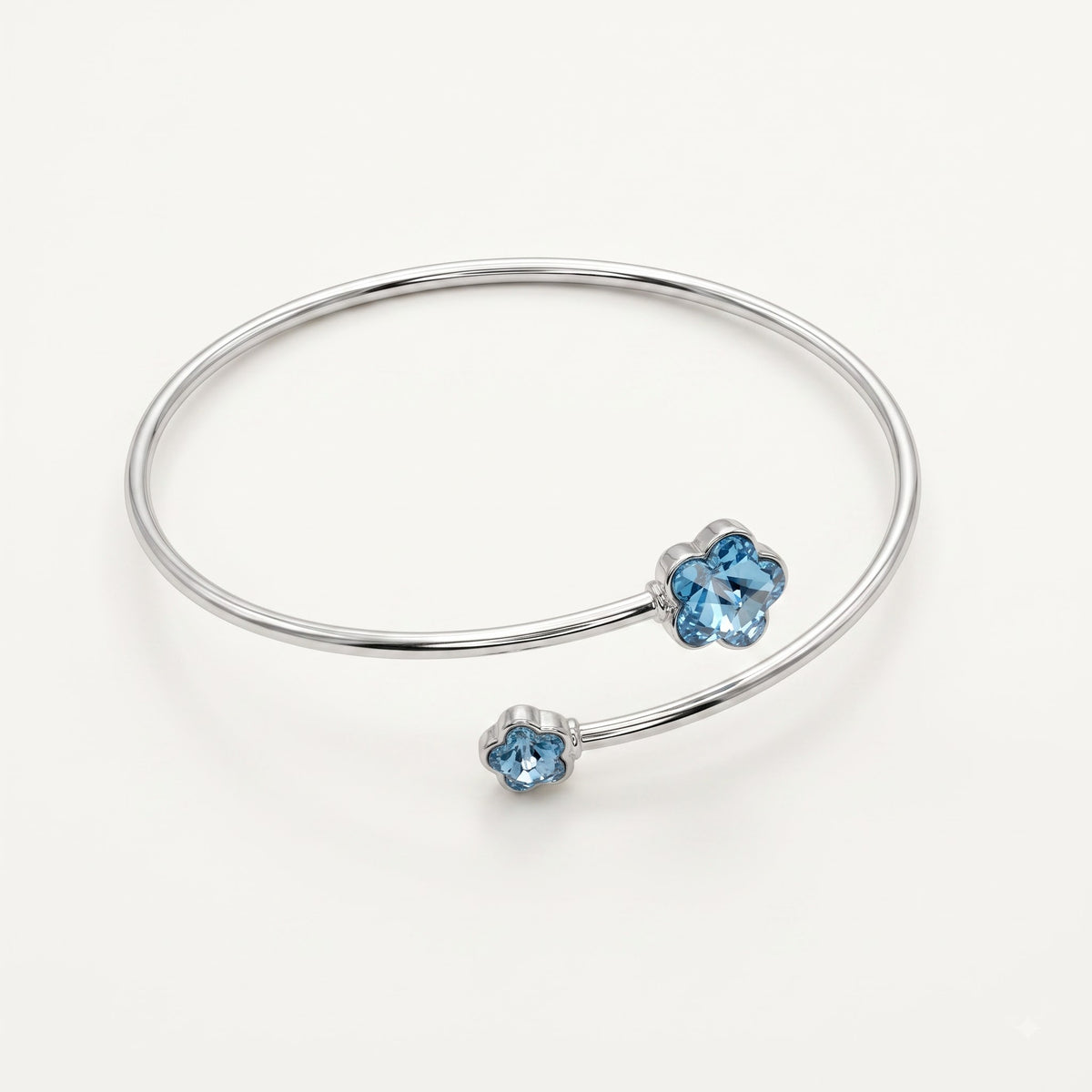 Blue Flower Crystal Open Cuff Bangle – Elegant Silver-Tone Floral Bracelet for Women