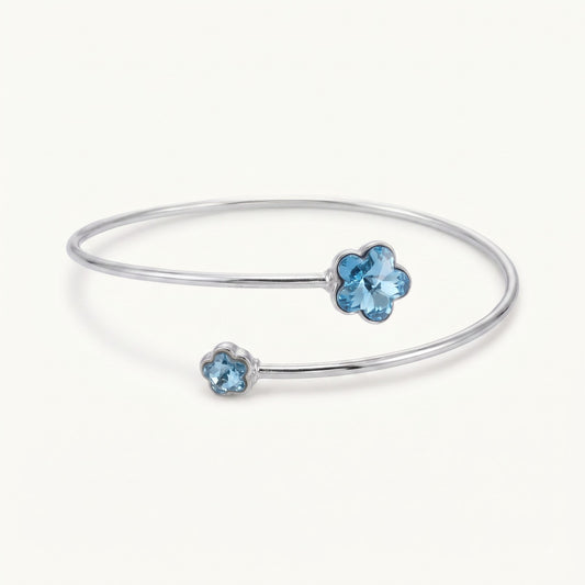 Blue Flower Crystal Open Cuff Bangle – Elegant Silver-Tone Floral Bracelet for Women