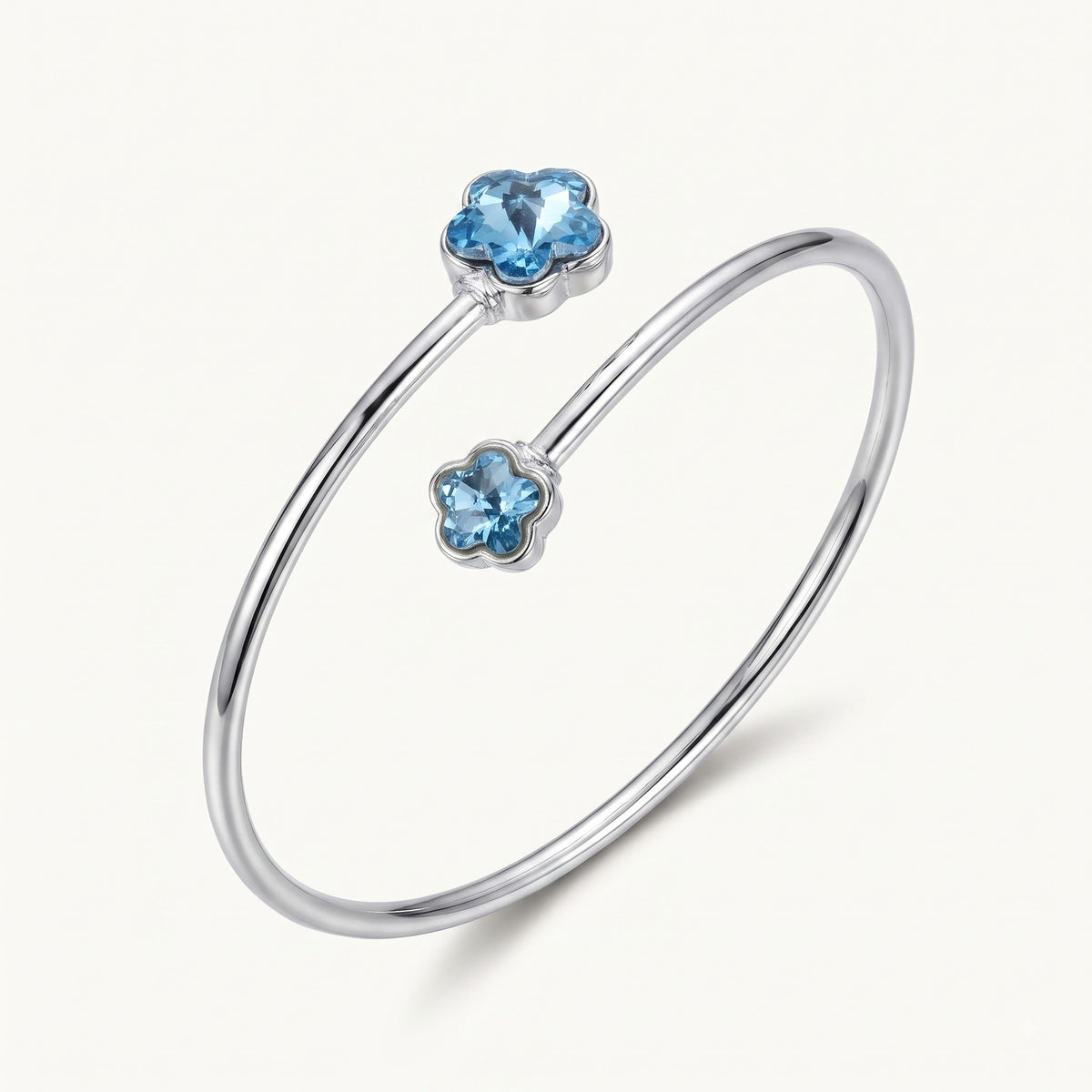 Blue Flower Crystal Open Cuff Bangle – Elegant Silver-Tone Floral Bracelet for Women