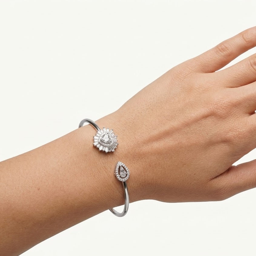 Heart Halo Crystal Open Cuff Bracelet – Silver Tone