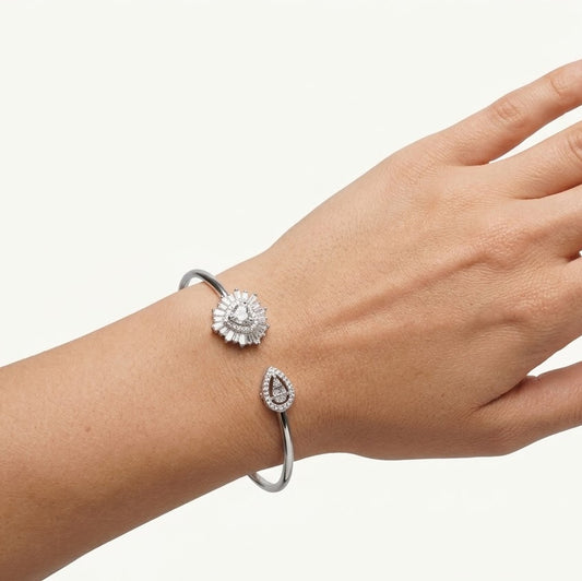 Heart Halo Crystal Open Cuff Bracelet – Silver Tone