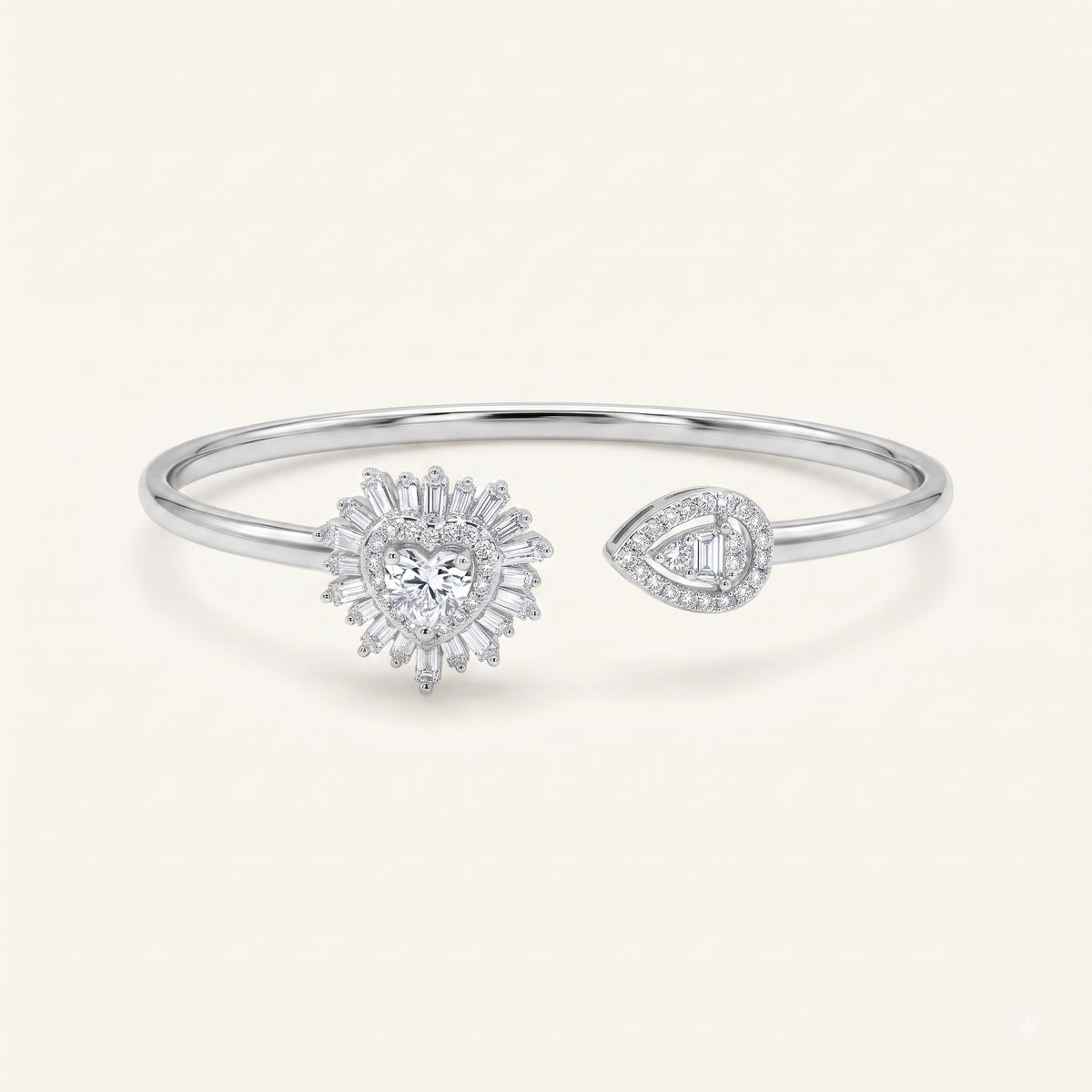 Heart Halo Crystal Open Cuff Bracelet – Silver Tone